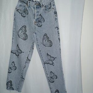 PACSUN BUTTERFLY HIGH WAISTED STRAIGHT LEG JEANS RAW HEM